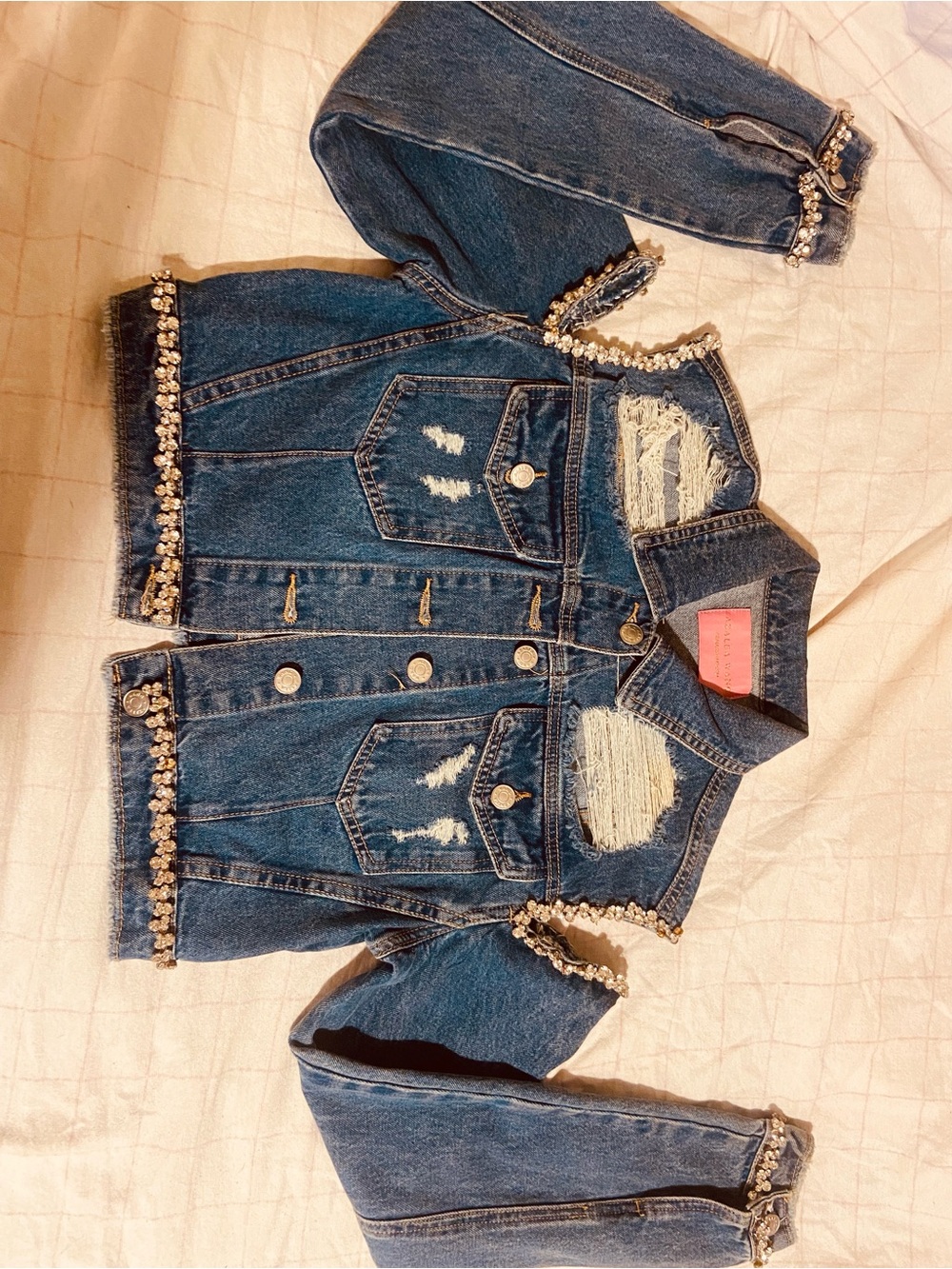 Distressed Blue Denim Jacket with Crystal Trim